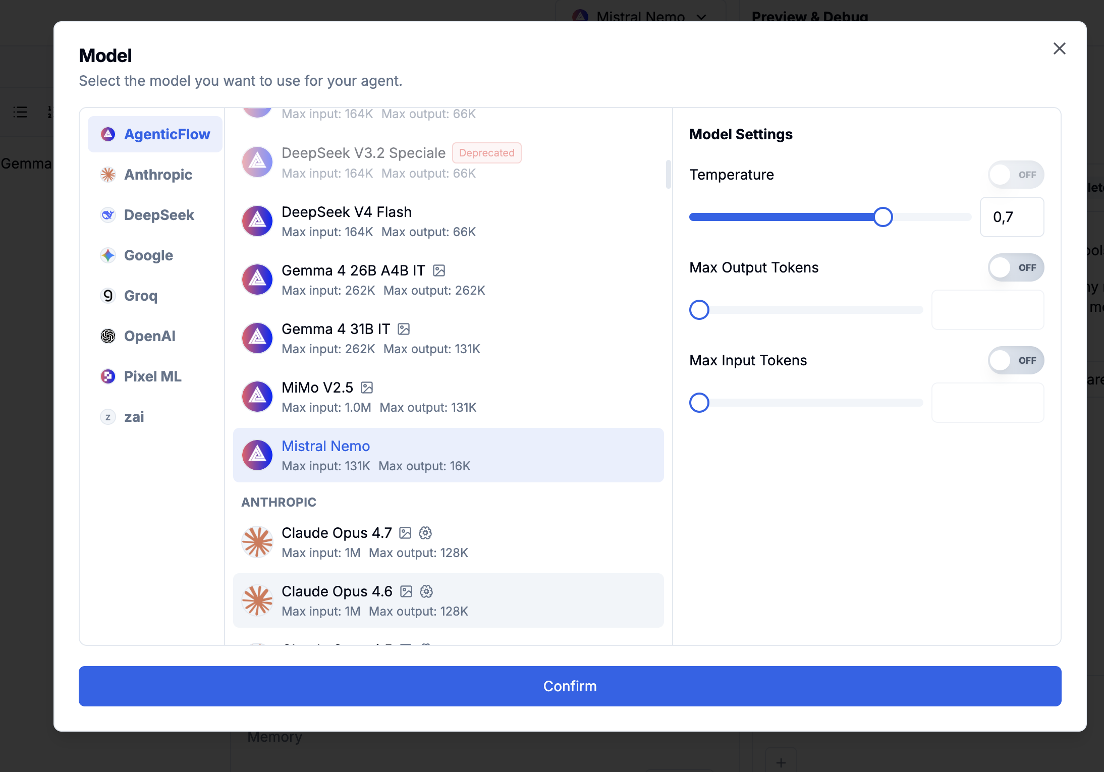 Model selector showing new AgenticFlow models including MiMo V2.5 and Mistral Nemo