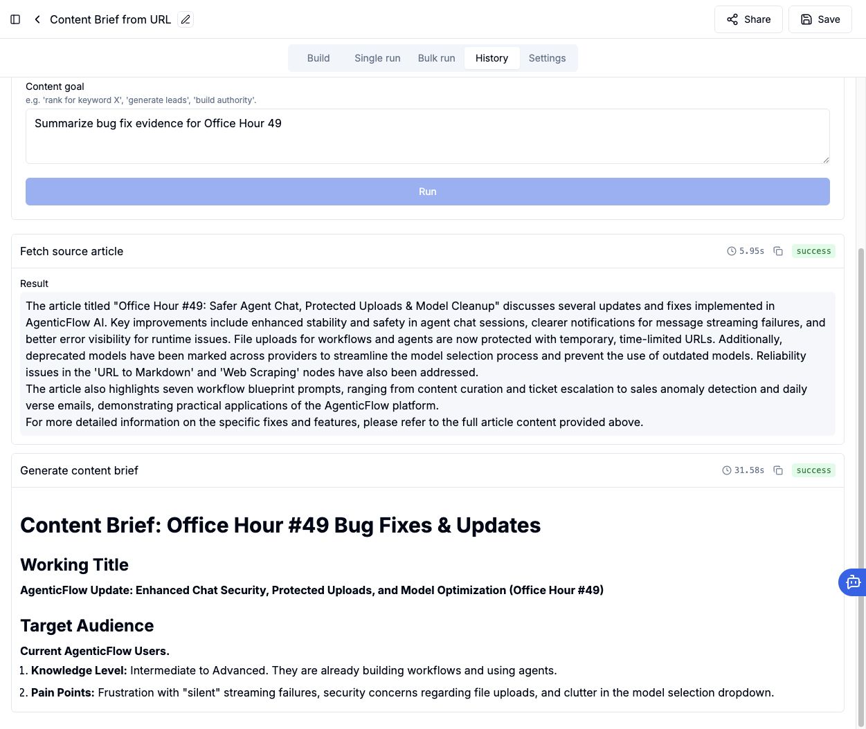 Workflow run logs showing successful web content retrieval and content brief generation