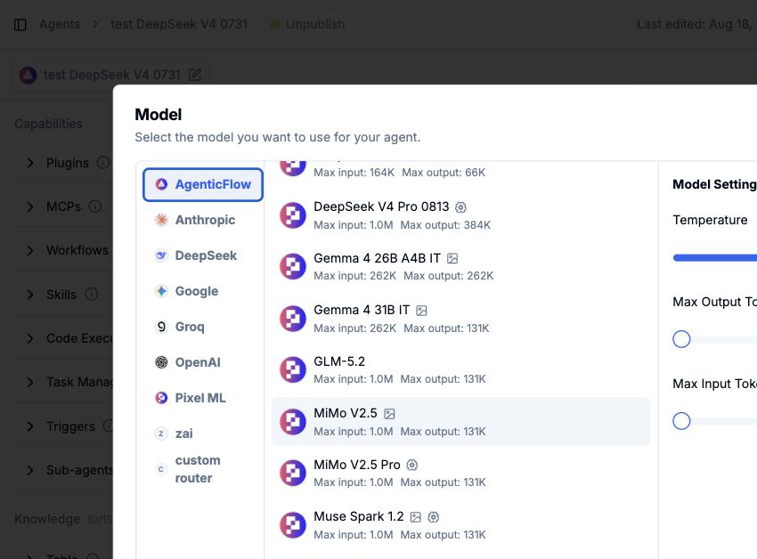 AgenticFlow model selector showing DeepSeek V4 Pro 0813 and Muse Spark 1.2