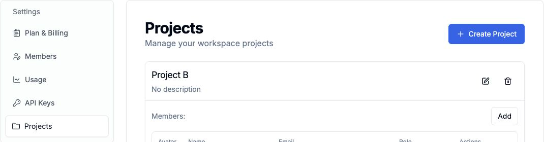 AgenticFlow Projects settings view
