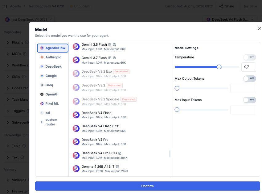 AgenticFlow model selector showing Gemini 3.7 Flash and DeepSeek V4 Pro 0813