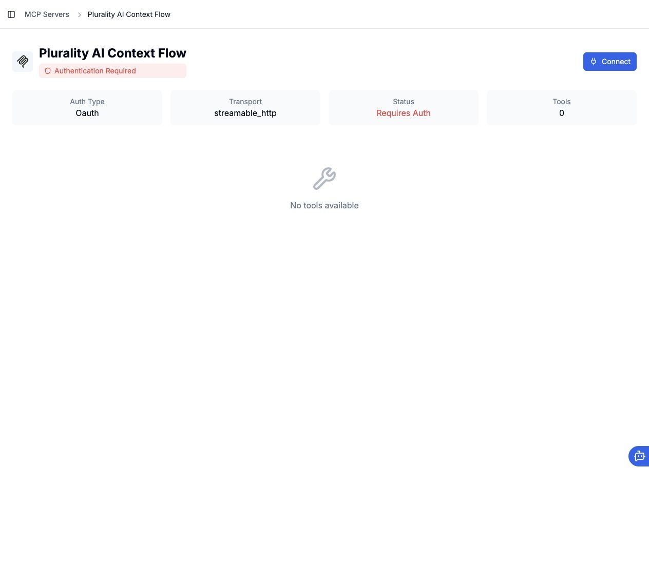 Before fix: custom MCP connection shows Authentication Required, Requires Auth, and zero tools