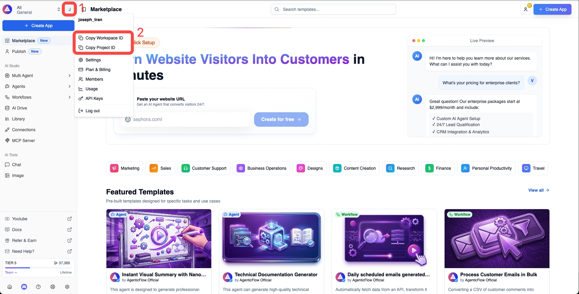 Copy Workspace and Project ID