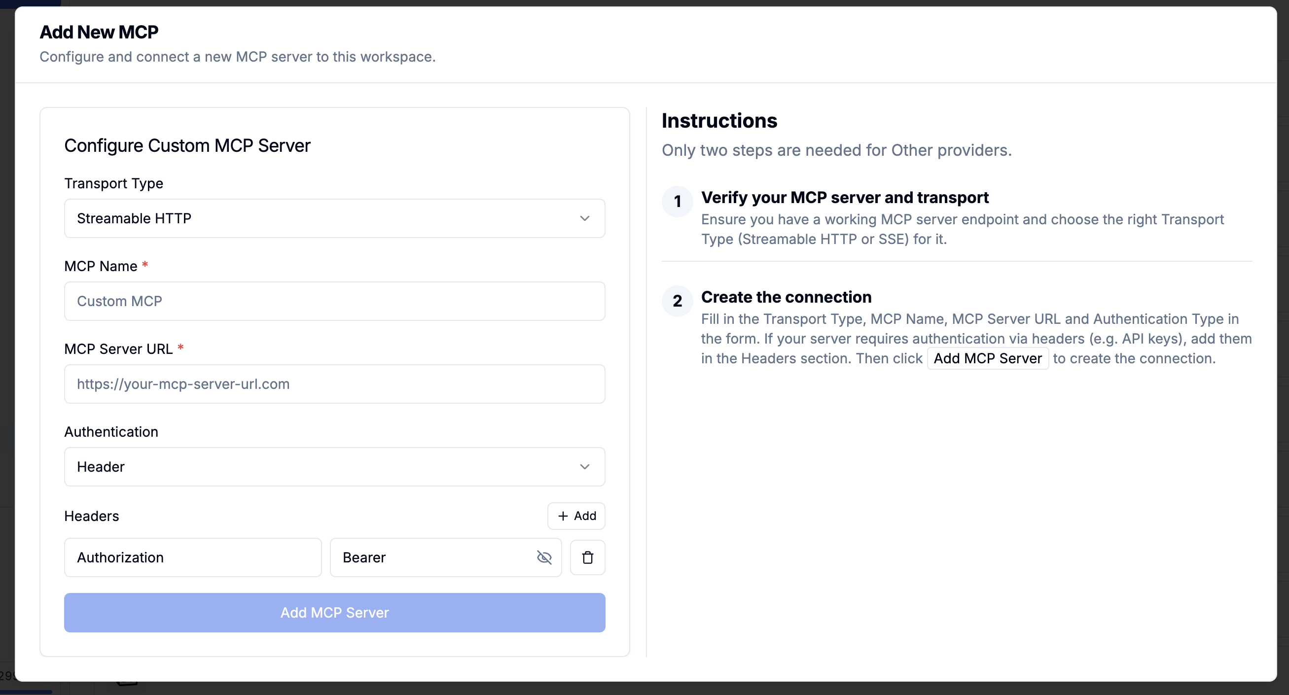 Add New MCP form with a visible-value on/off toggle on header values