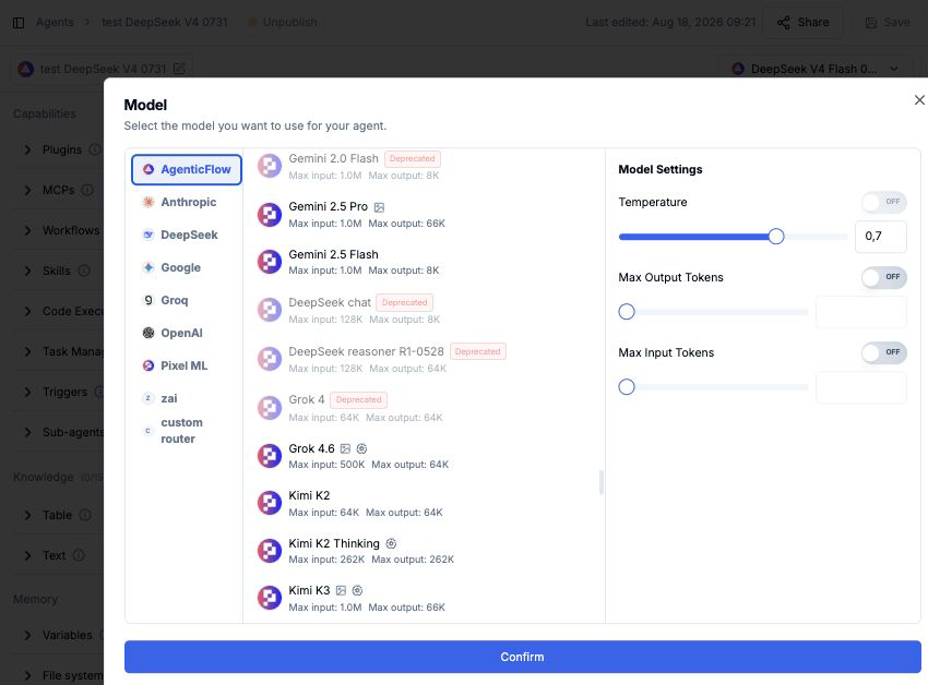 AgenticFlow model selector showing Grok 4.6