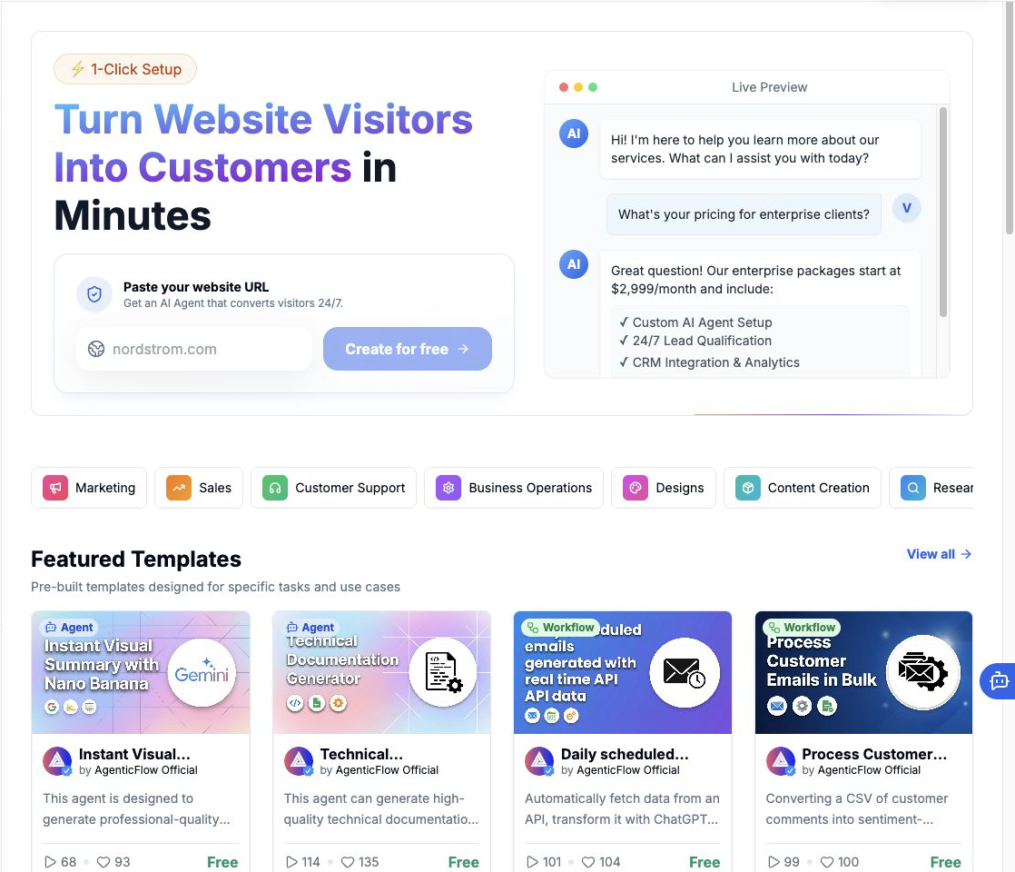 AgenticFlow public Marketplace agent discovery page