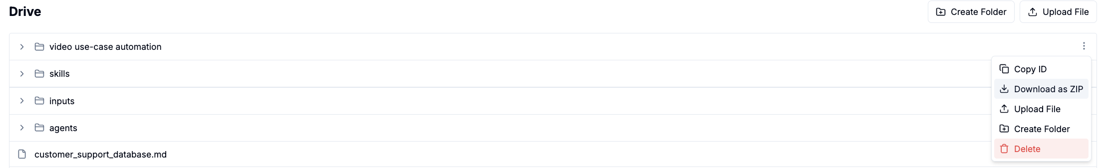 AI Drive folder row menu showing the Download as ZIP action
